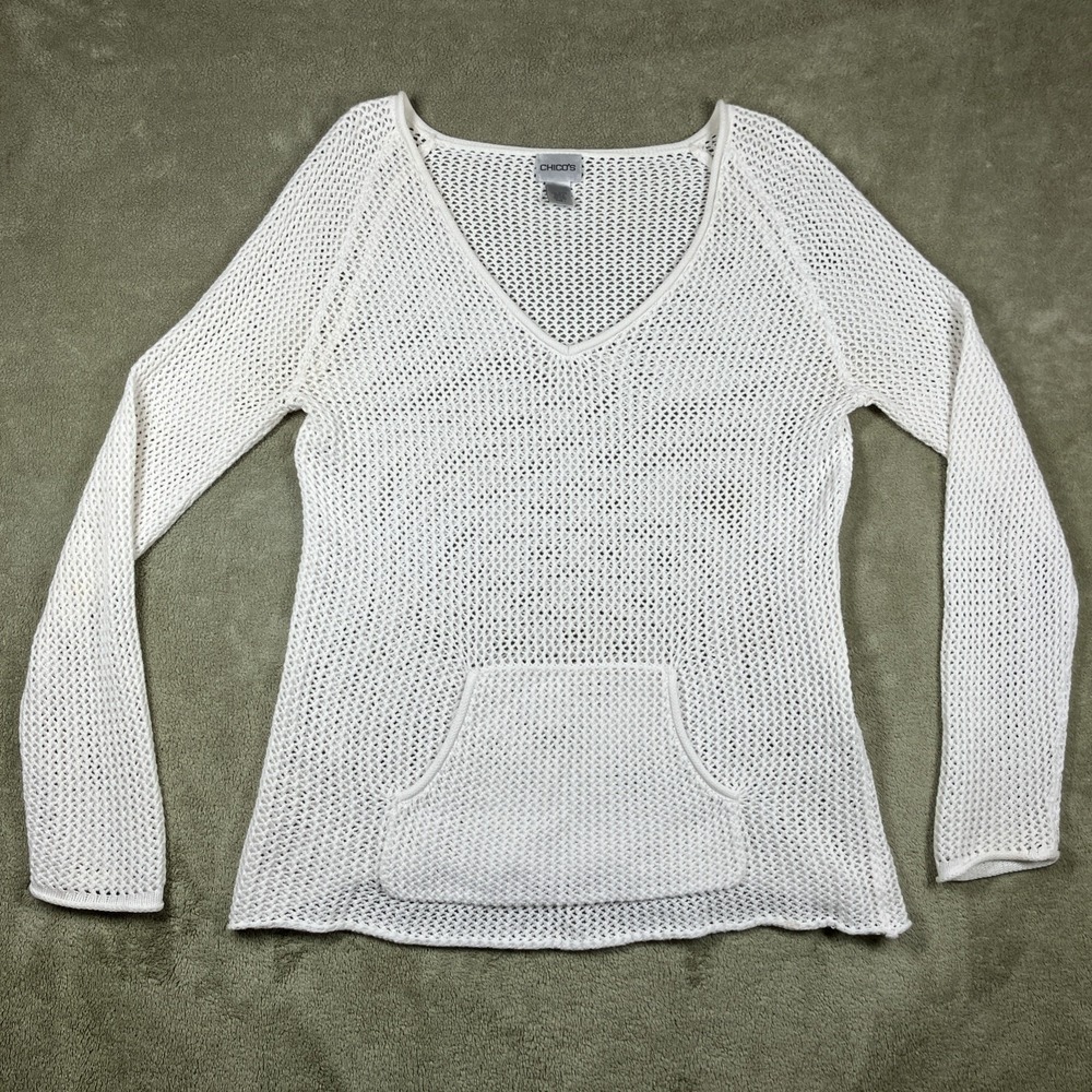 Chico's Open Knit Coastal Sweater Sz 1 Medium White Mesh Coverup‎ Resortwear